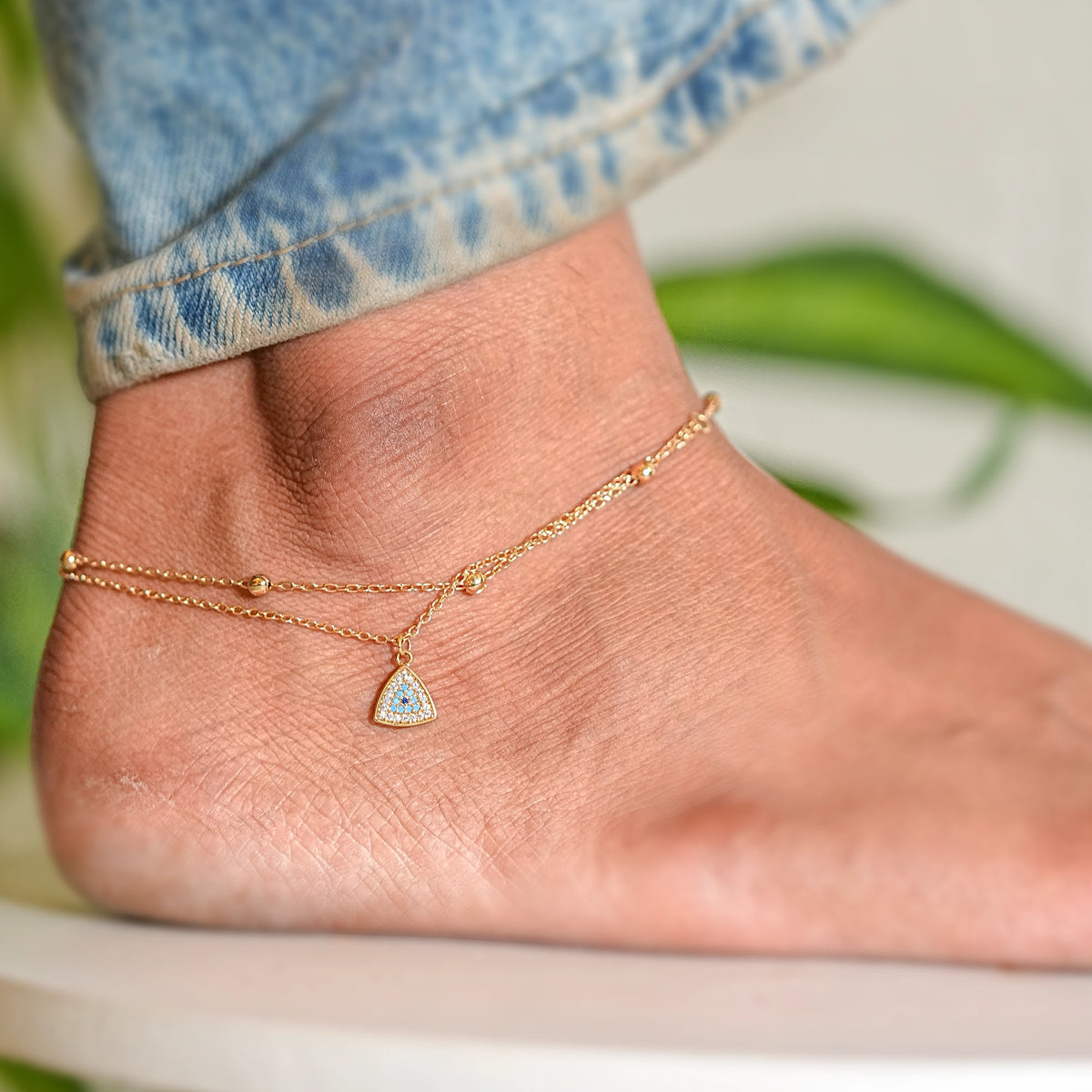 Golden Blue Eye Layered Anklet