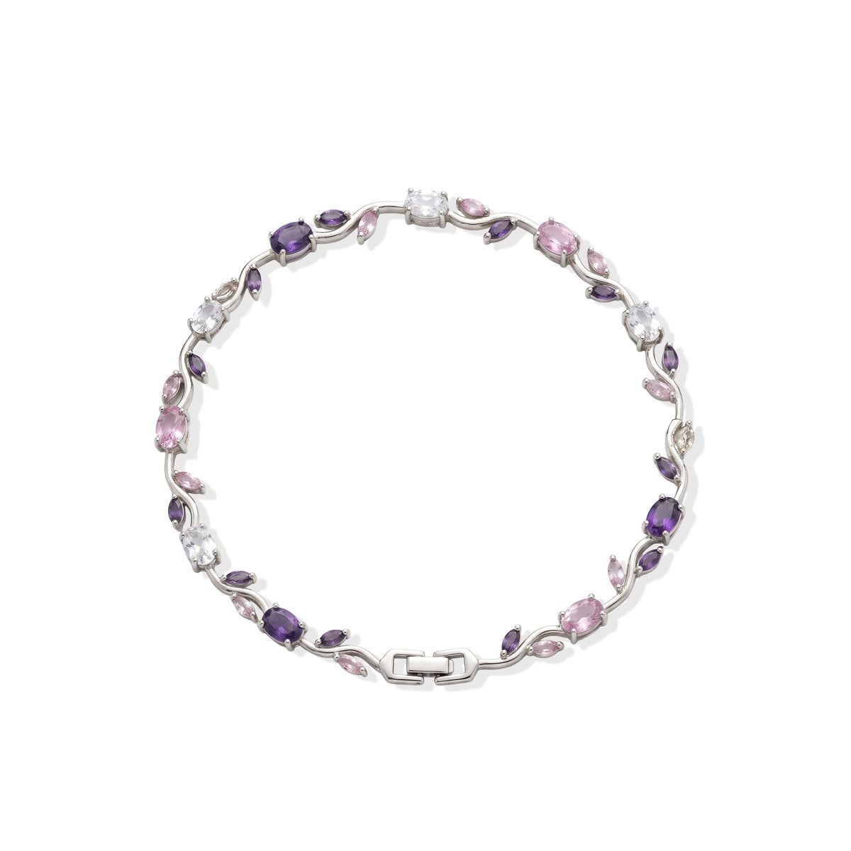 Silver-tone chain bracelet with pink, purple and deep blue leaf-shaped stones