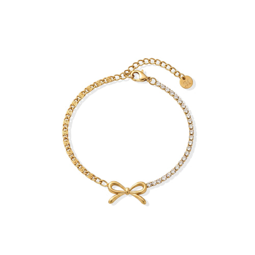 Gold-tone adjustable bracelet with bow charm, clear stones and dual chain design