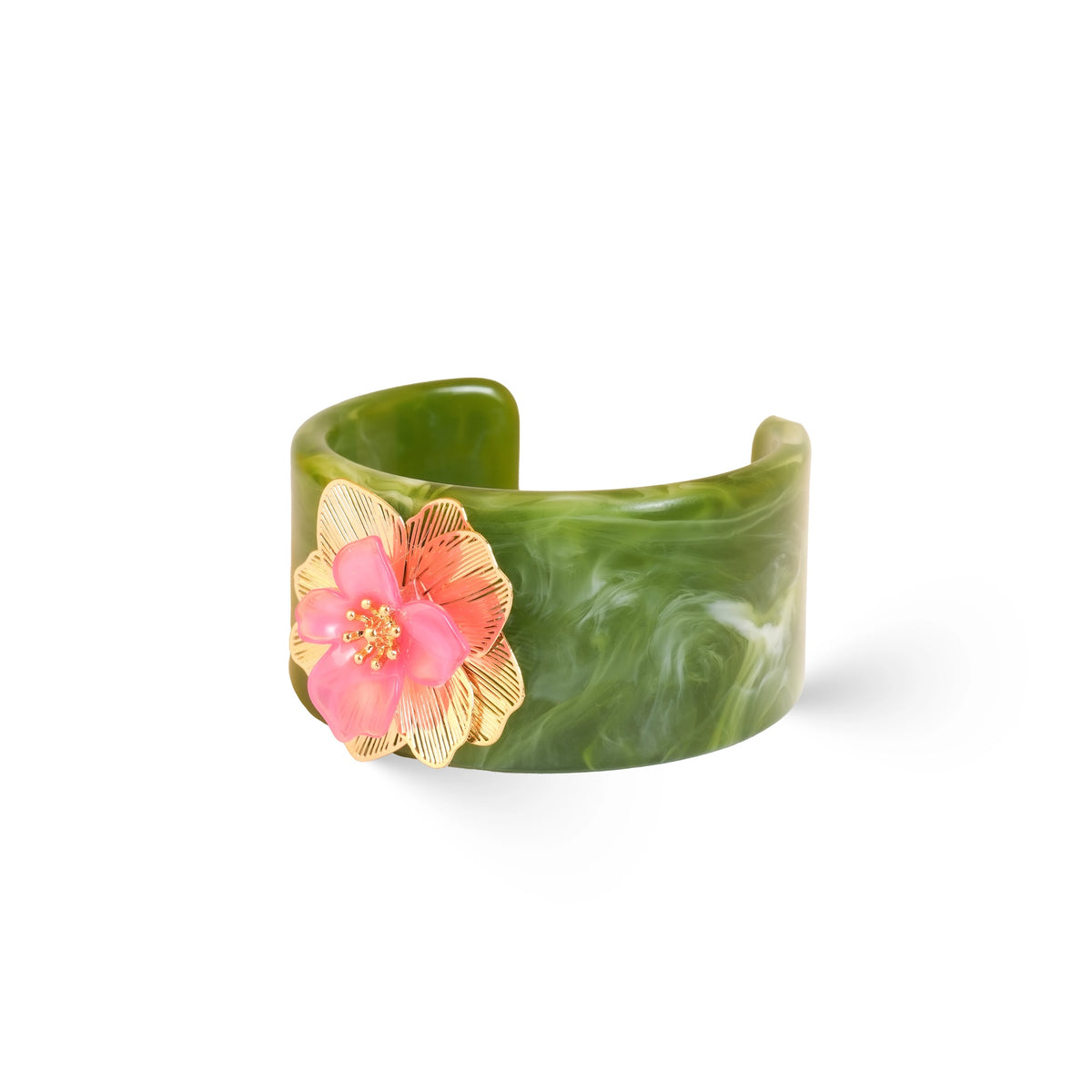 Marble-effect cuff bracelet with pink floral charm and gold-tone details