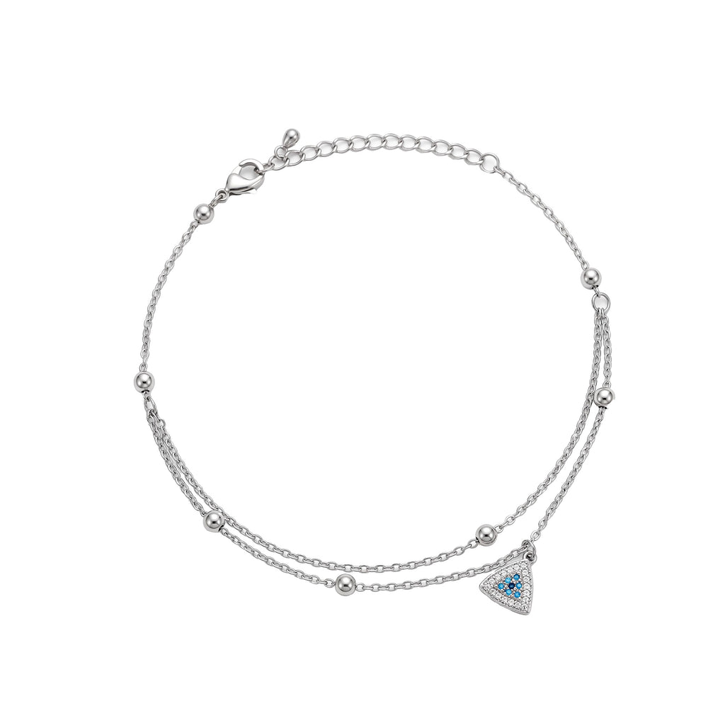 Silver-tone double-layer anklet with small beads and blue eye triangle charm