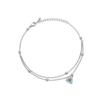 Silver-tone double-layer anklet with small beads and blue eye triangle charm