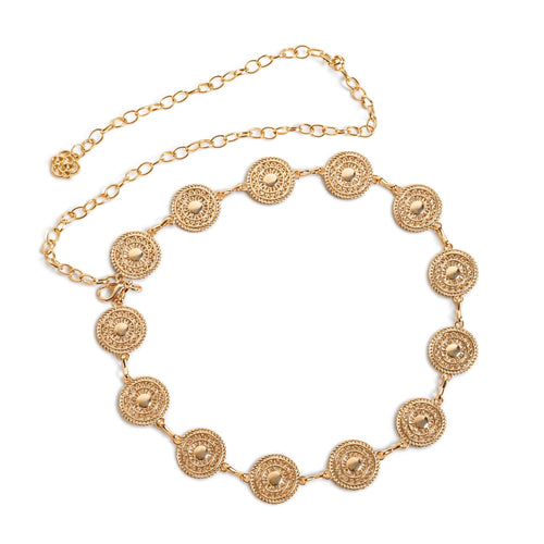 Gold-tone waist chain for women with detailed vintage coin charms