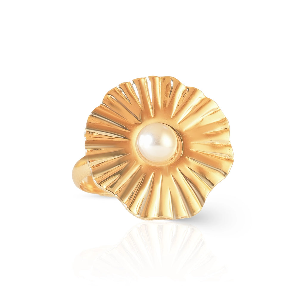 Gold-plated pearl sunburst statement ring for women with textured radial design