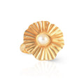 Gold-plated pearl sunburst statement ring for women with textured radial design