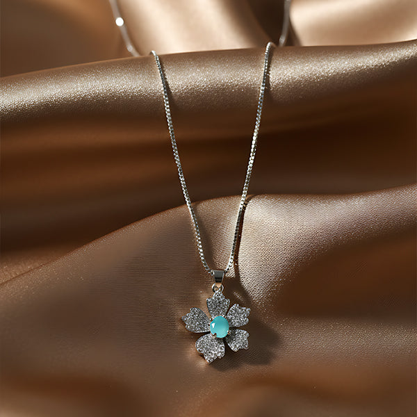 Silver Blue Crystal Flower Pendant Necklace