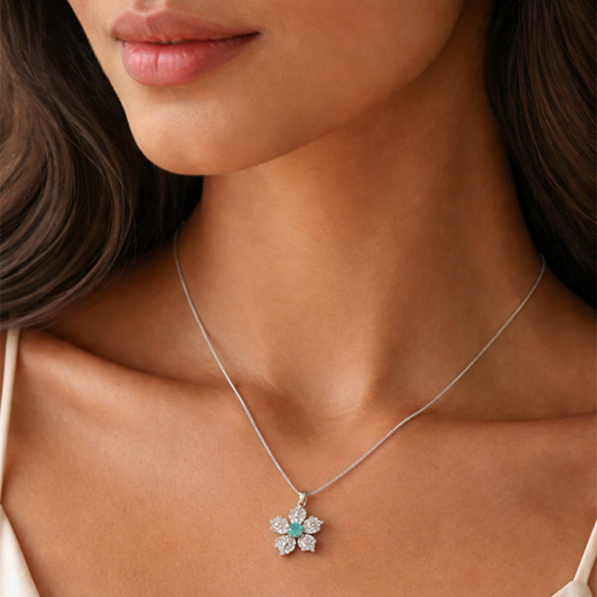 Silver Blue Crystal Flower Pendant Necklace