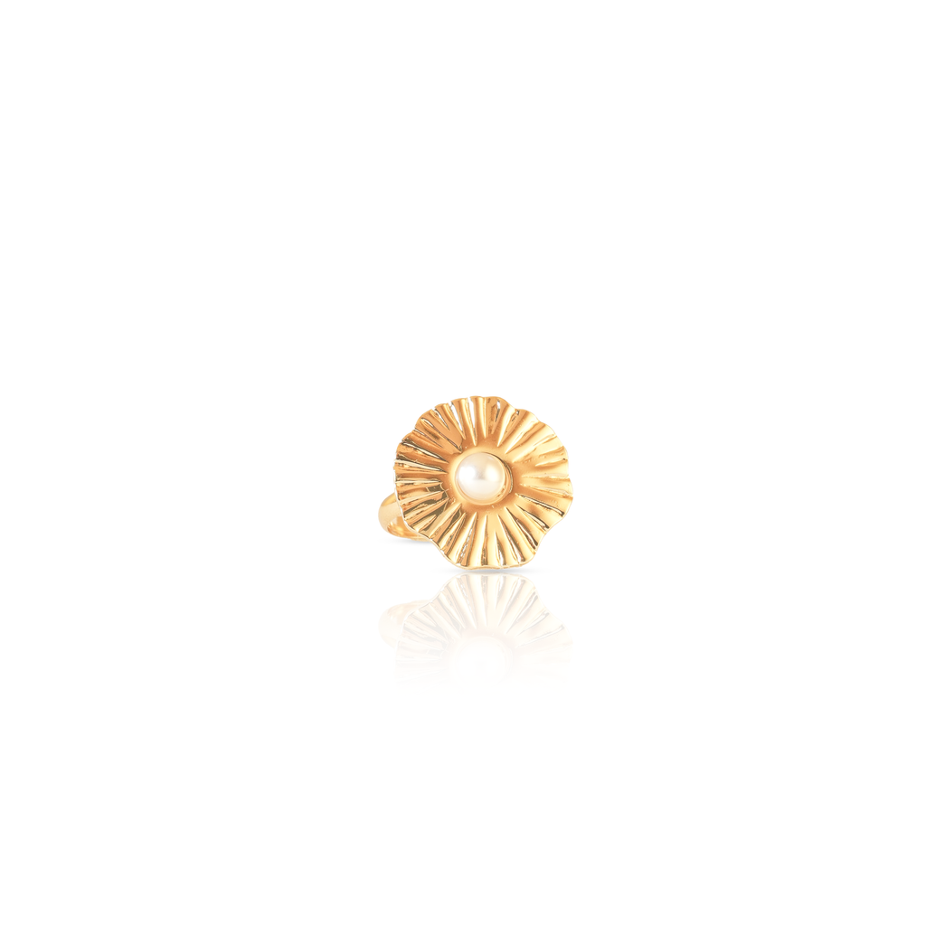 Gold-plated pearl sunburst statement ring for women with textured radial design