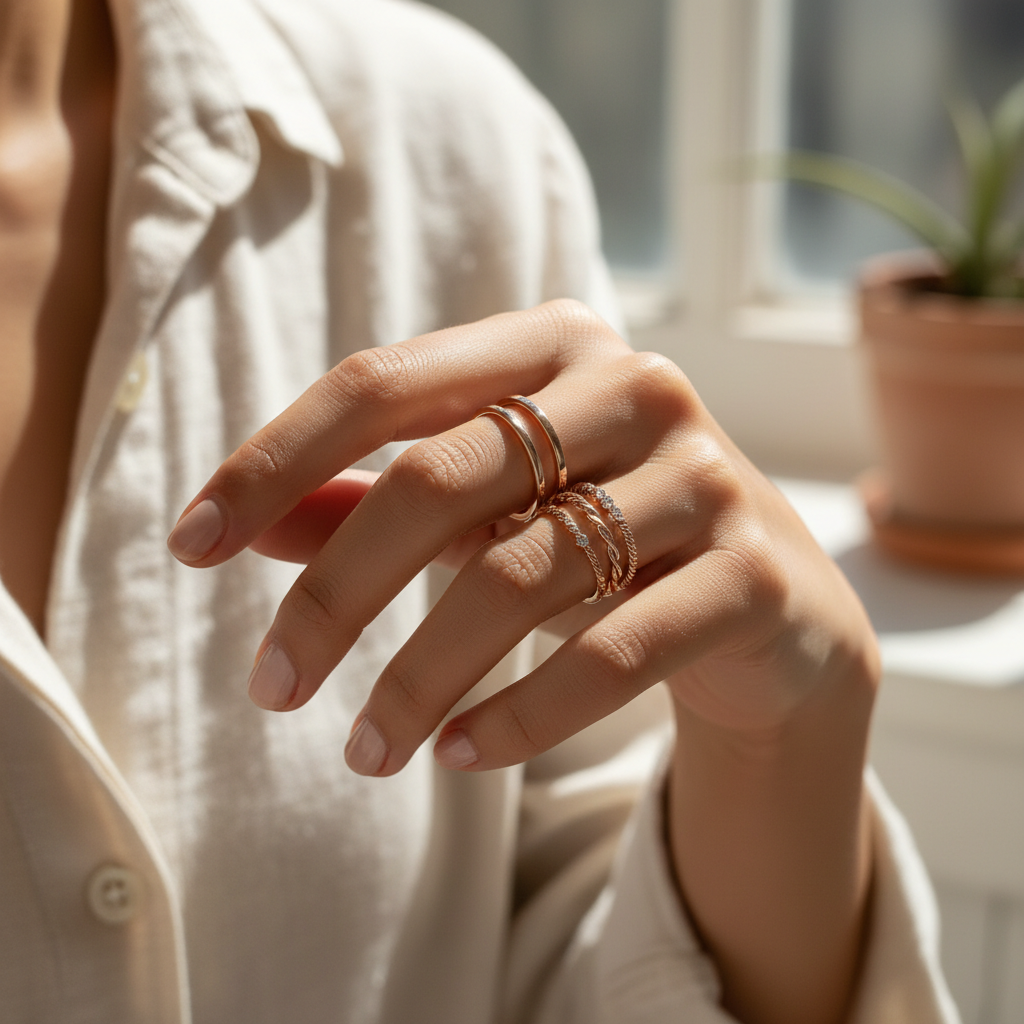 Rose Gold Ring Set - Worn on Finger